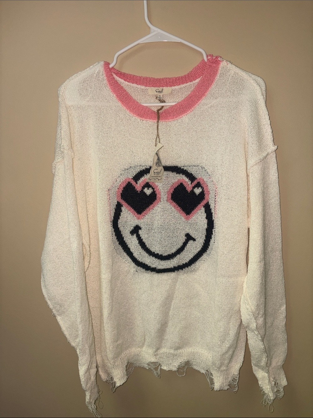 easel Cream Crewneck Sweater with Pink Trim & Smiley Graphic